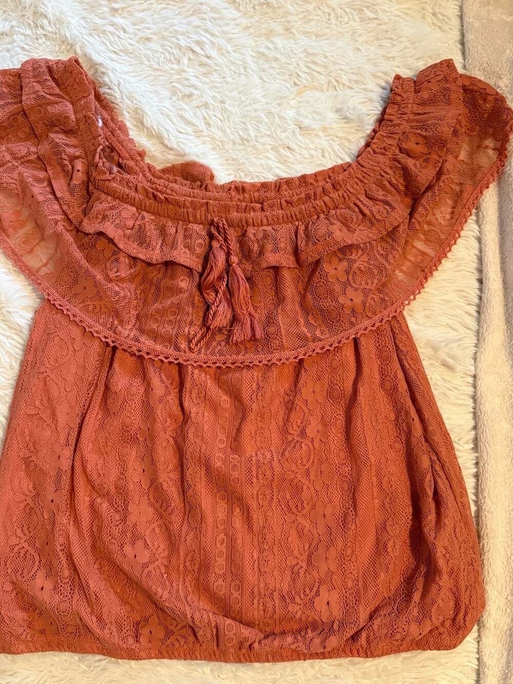 No Boundaries Lace Off Shoulder Top Size XXL 19 Orange Ruffle Tassels